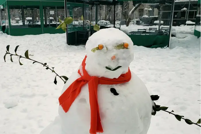 A snow person with carrot nose and leafy arms in front of some tents.